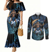 Samoa Siva Afi Couples Matching Mermaid Dress and Long Sleeve Button Shirt Fireknife Fire Dance Pacific Tribal Motif LT9 Blue - Polynesian Pride