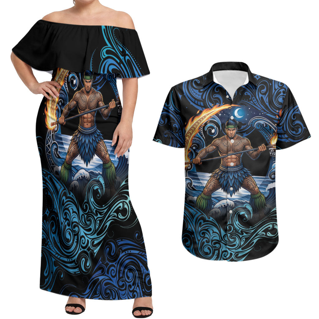Samoa Siva Afi Couples Matching Off Shoulder Maxi Dress and Hawaiian Shirt Fireknife Fire Dance Pacific Tribal Motif LT9 Blue - Polynesian Pride