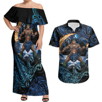 Samoa Siva Afi Couples Matching Off Shoulder Maxi Dress and Hawaiian Shirt Fireknife Fire Dance Pacific Tribal Motif LT9 Blue - Polynesian Pride