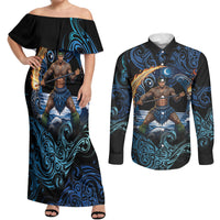 Samoa Siva Afi Couples Matching Off Shoulder Maxi Dress and Long Sleeve Button Shirt Fireknife Fire Dance Pacific Tribal Motif LT9 Blue - Polynesian Pride