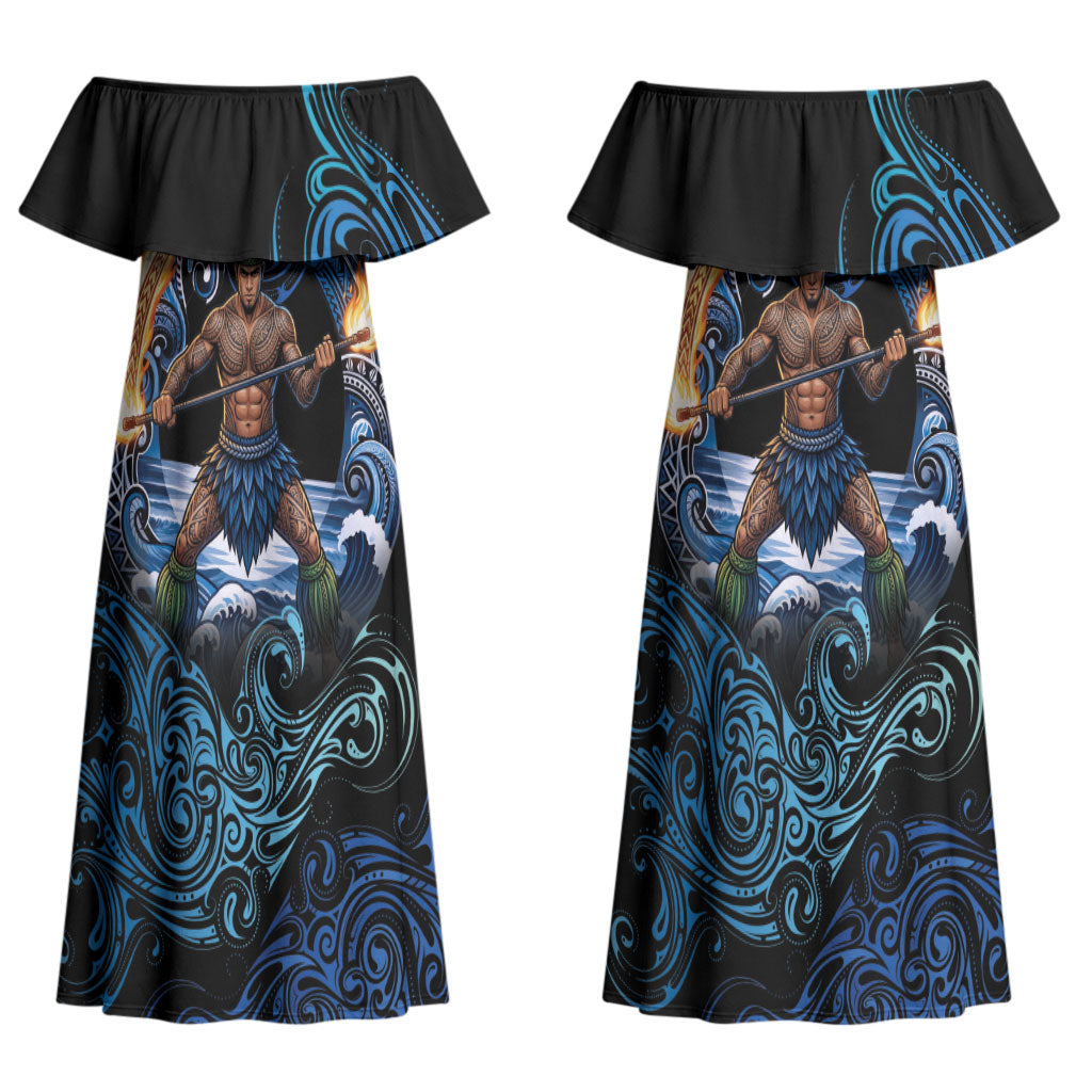 Samoa Siva Afi Couples Matching Off Shoulder Maxi Dress and Long Sleeve Button Shirt Fireknife Fire Dance Pacific Tribal Motif LT9 - Polynesian Pride