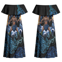 Samoa Siva Afi Couples Matching Off Shoulder Maxi Dress and Long Sleeve Button Shirt Fireknife Fire Dance Pacific Tribal Motif LT9 - Polynesian Pride