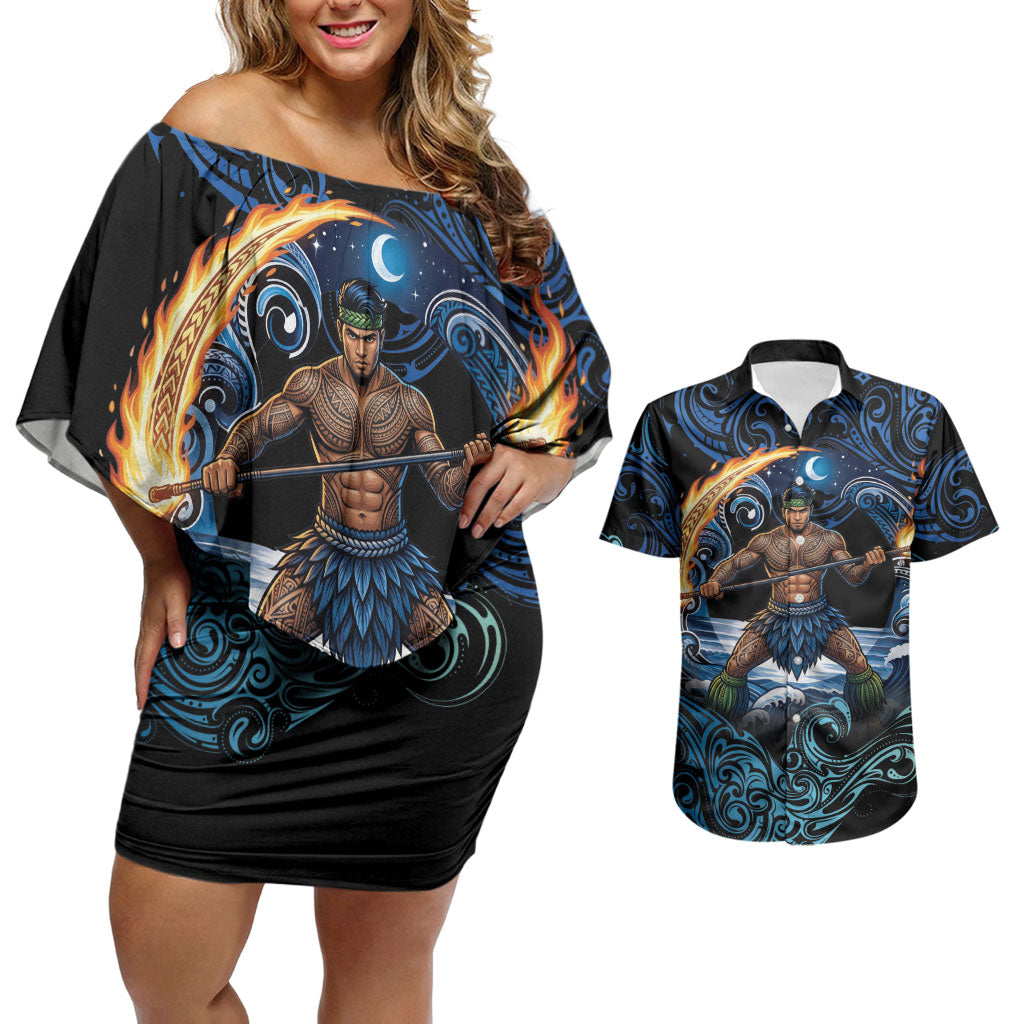 Samoa Siva Afi Couples Matching Off Shoulder Short Dress and Hawaiian Shirt Fireknife Fire Dance Pacific Tribal Motif LT9 Blue - Polynesian Pride
