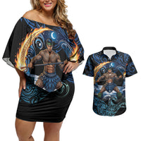 Samoa Siva Afi Couples Matching Off Shoulder Short Dress and Hawaiian Shirt Fireknife Fire Dance Pacific Tribal Motif LT9 Blue - Polynesian Pride