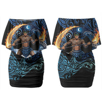 Samoa Siva Afi Couples Matching Off Shoulder Short Dress and Hawaiian Shirt Fireknife Fire Dance Pacific Tribal Motif LT9 - Polynesian Pride