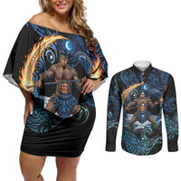 Samoa Siva Afi Couples Matching Off Shoulder Short Dress and Long Sleeve Button Shirt Fireknife Fire Dance Pacific Tribal Motif LT9 Blue - Polynesian Pride