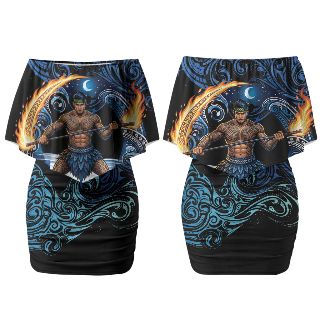 Samoa Siva Afi Couples Matching Off Shoulder Short Dress and Long Sleeve Button Shirt Fireknife Fire Dance Pacific Tribal Motif LT9 - Polynesian Pride