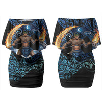 Samoa Siva Afi Couples Matching Off Shoulder Short Dress and Long Sleeve Button Shirt Fireknife Fire Dance Pacific Tribal Motif LT9 - Polynesian Pride