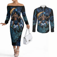 Samoa Siva Afi Couples Matching Off The Shoulder Long Sleeve Dress and Long Sleeve Button Shirt Fireknife Fire Dance Pacific Tribal Motif LT9 Blue - Polynesian Pride