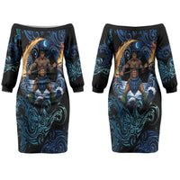 Samoa Siva Afi Couples Matching Off The Shoulder Long Sleeve Dress and Long Sleeve Button Shirt Fireknife Fire Dance Pacific Tribal Motif LT9 - Polynesian Pride