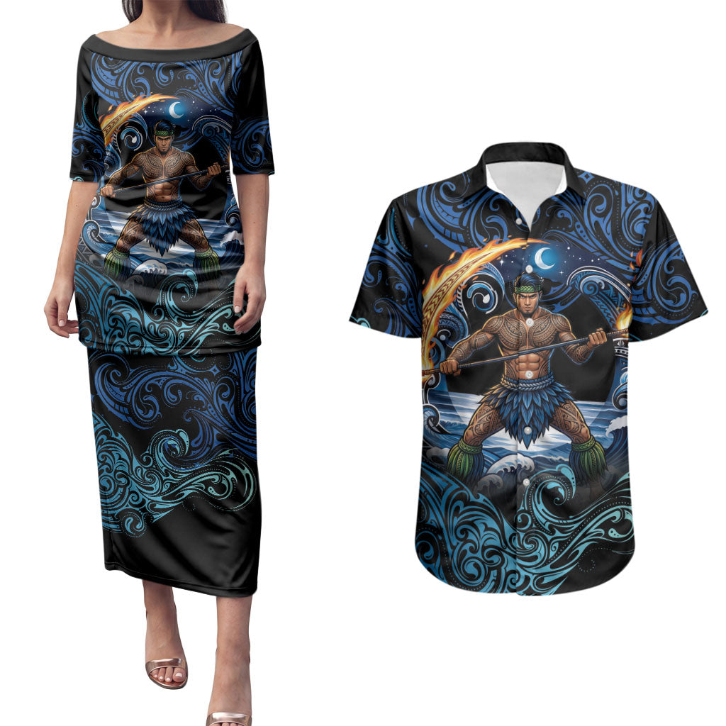 Samoa Siva Afi Couples Matching Puletasi and Hawaiian Shirt Fireknife Fire Dance Pacific Tribal Motif LT9 Blue - Polynesian Pride
