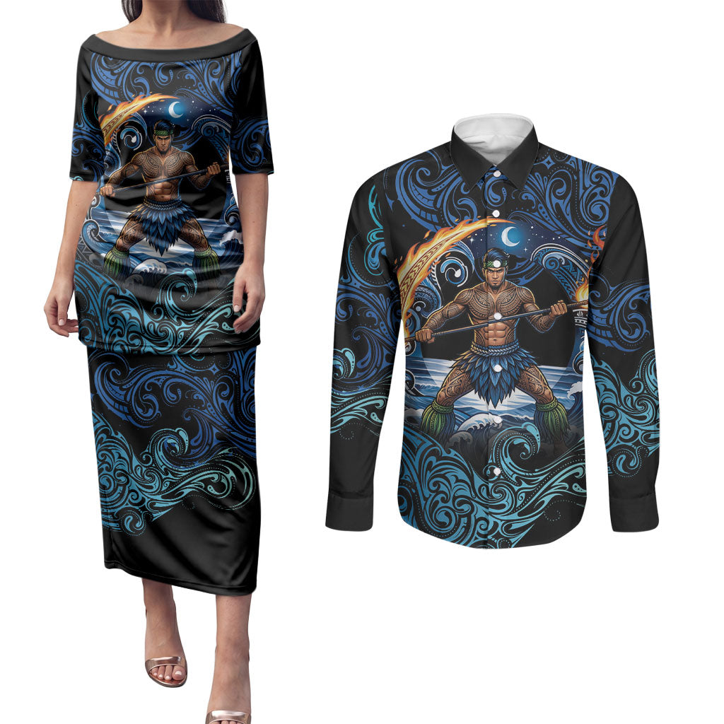 Samoa Siva Afi Couples Matching Puletasi and Long Sleeve Button Shirt Fireknife Fire Dance Pacific Tribal Motif LT9 Blue - Polynesian Pride