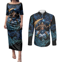 Samoa Siva Afi Couples Matching Puletasi and Long Sleeve Button Shirt Fireknife Fire Dance Pacific Tribal Motif LT9 Blue - Polynesian Pride