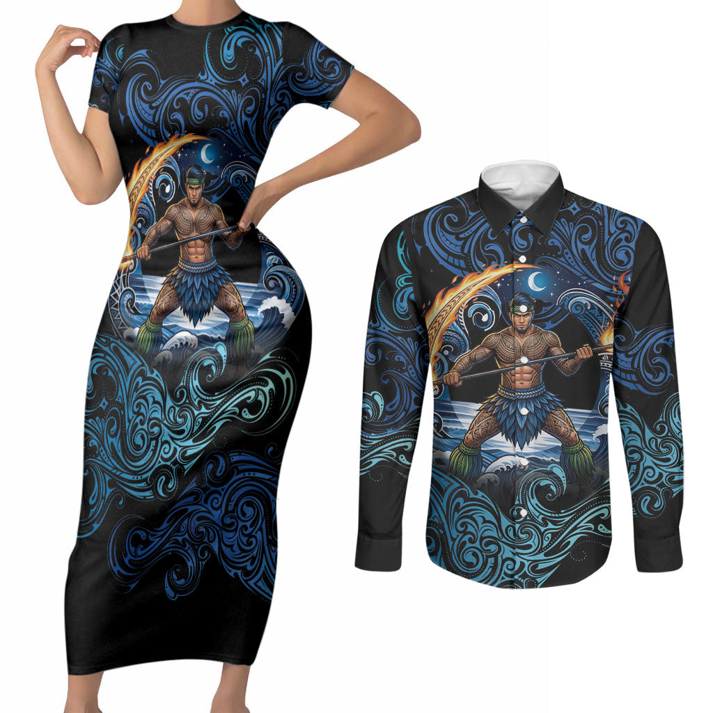 Samoa Siva Afi Couples Matching Short Sleeve Bodycon Dress and Long Sleeve Button Shirt Fireknife Fire Dance Pacific Tribal Motif LT9 Blue - Polynesian Pride