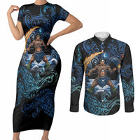 Samoa Siva Afi Couples Matching Short Sleeve Bodycon Dress and Long Sleeve Button Shirt Fireknife Fire Dance Pacific Tribal Motif LT9 Blue - Polynesian Pride