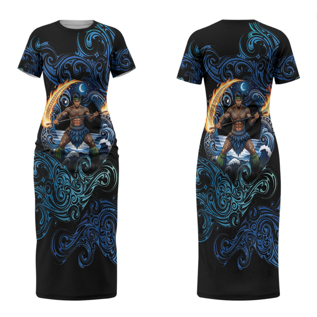 Samoa Siva Afi Couples Matching Short Sleeve Bodycon Dress and Long Sleeve Button Shirt Fireknife Fire Dance Pacific Tribal Motif LT9 - Polynesian Pride