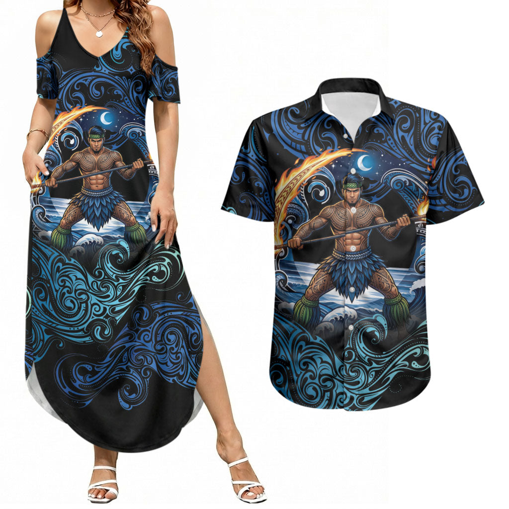 Samoa Siva Afi Couples Matching Summer Maxi Dress and Hawaiian Shirt Fireknife Fire Dance Pacific Tribal Motif LT9 Blue - Polynesian Pride