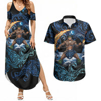 Samoa Siva Afi Couples Matching Summer Maxi Dress and Hawaiian Shirt Fireknife Fire Dance Pacific Tribal Motif LT9 Blue - Polynesian Pride