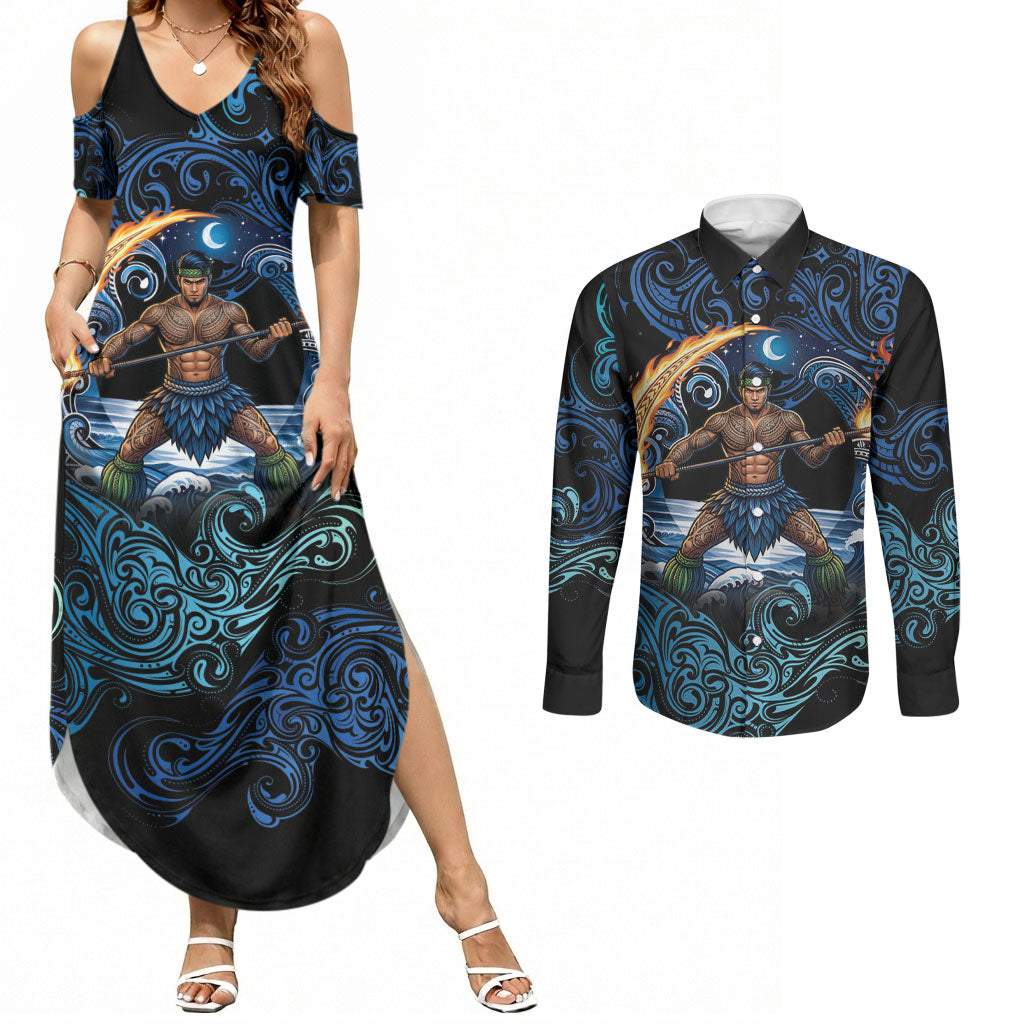 Samoa Siva Afi Couples Matching Summer Maxi Dress and Long Sleeve Button Shirt Fireknife Fire Dance Pacific Tribal Motif LT9 Blue - Polynesian Pride