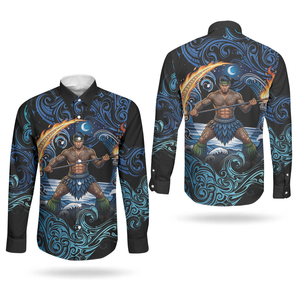 Samoa Siva Afi Couples Matching Summer Maxi Dress and Long Sleeve Button Shirt Fireknife Fire Dance Pacific Tribal Motif LT9 - Polynesian Pride