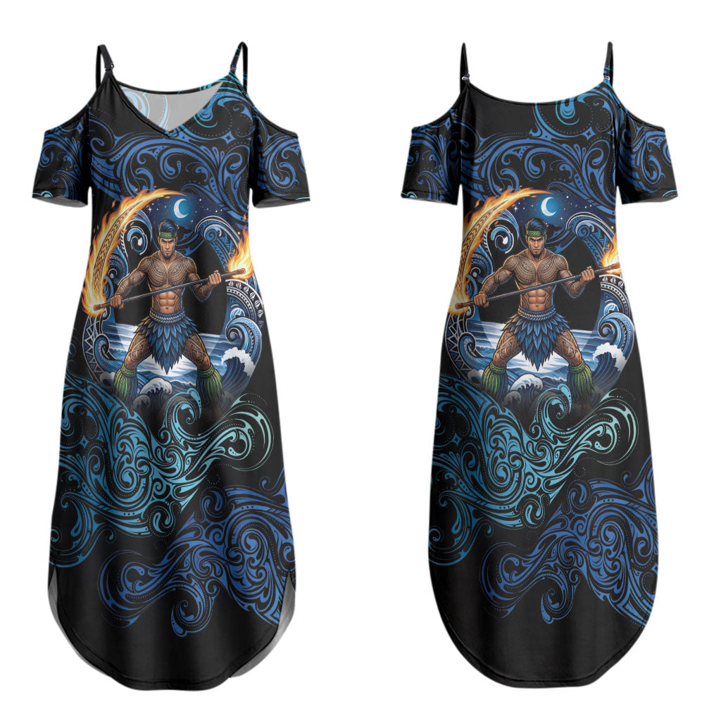 Samoa Siva Afi Couples Matching Summer Maxi Dress and Long Sleeve Button Shirt Fireknife Fire Dance Pacific Tribal Motif LT9 - Polynesian Pride