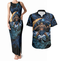 Samoa Siva Afi Couples Matching Tank Maxi Dress and Hawaiian Shirt Fireknife Fire Dance Pacific Tribal Motif LT9 Blue - Polynesian Pride