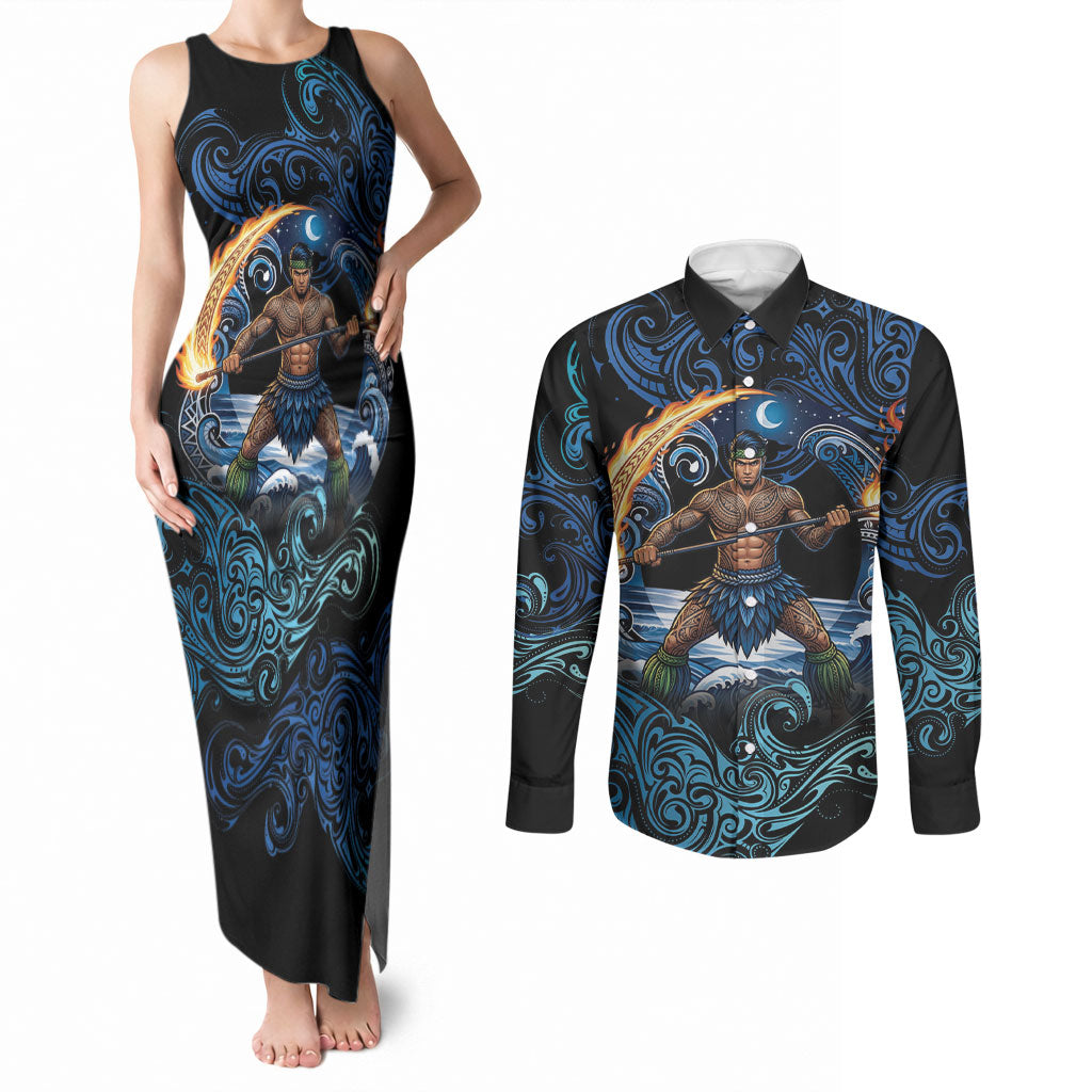 Samoa Siva Afi Couples Matching Tank Maxi Dress and Long Sleeve Button Shirt Fireknife Fire Dance Pacific Tribal Motif LT9 Blue - Polynesian Pride