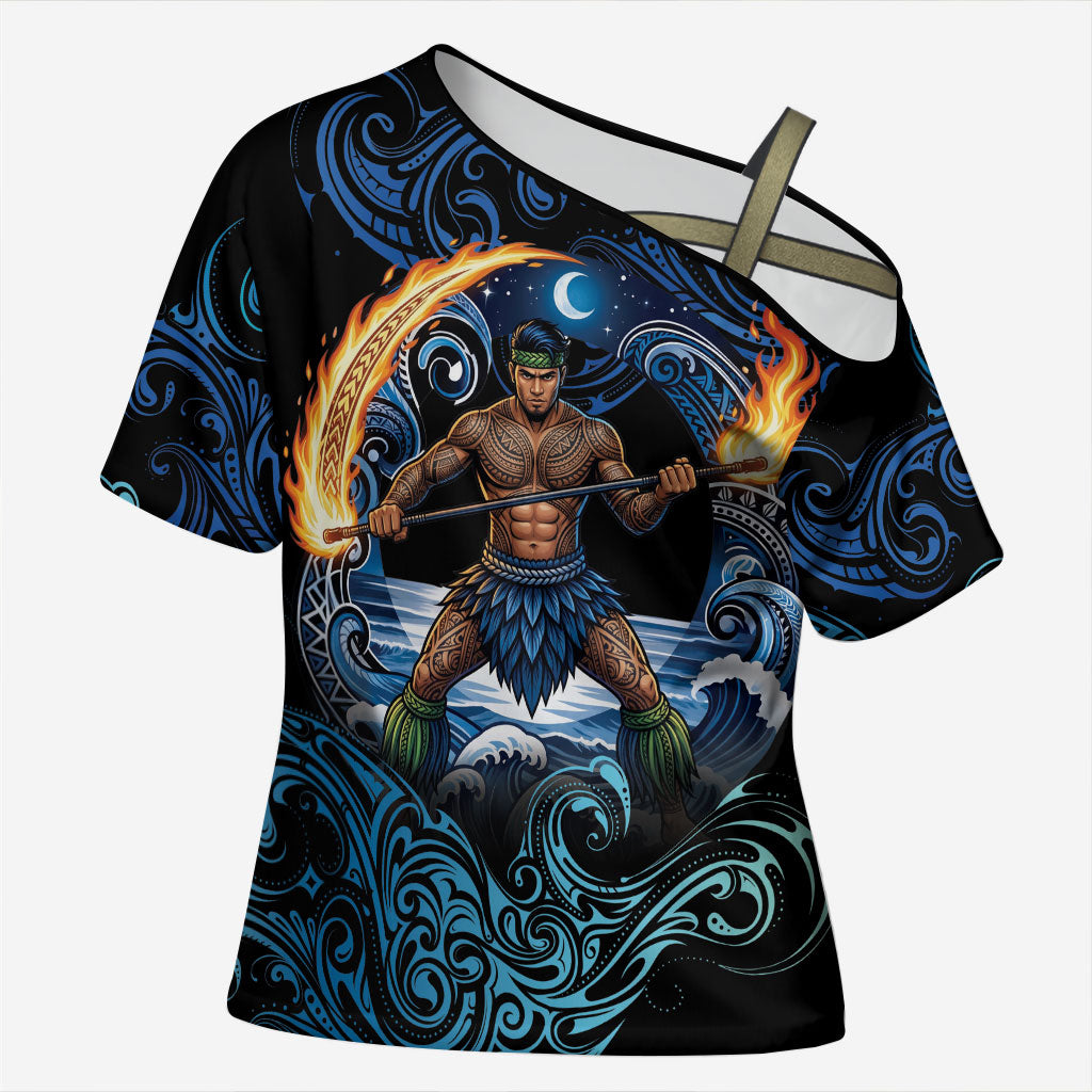 Samoa Siva Afi Cross Shoulder Shirt Fireknife Fire Dance Pacific Tribal Motif LT9 Female Blue - Polynesian Pride
