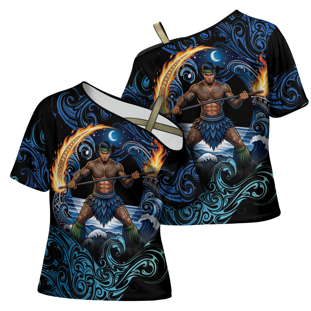 Samoa Siva Afi Cross Shoulder Shirt Fireknife Fire Dance Pacific Tribal Motif LT9 - Polynesian Pride