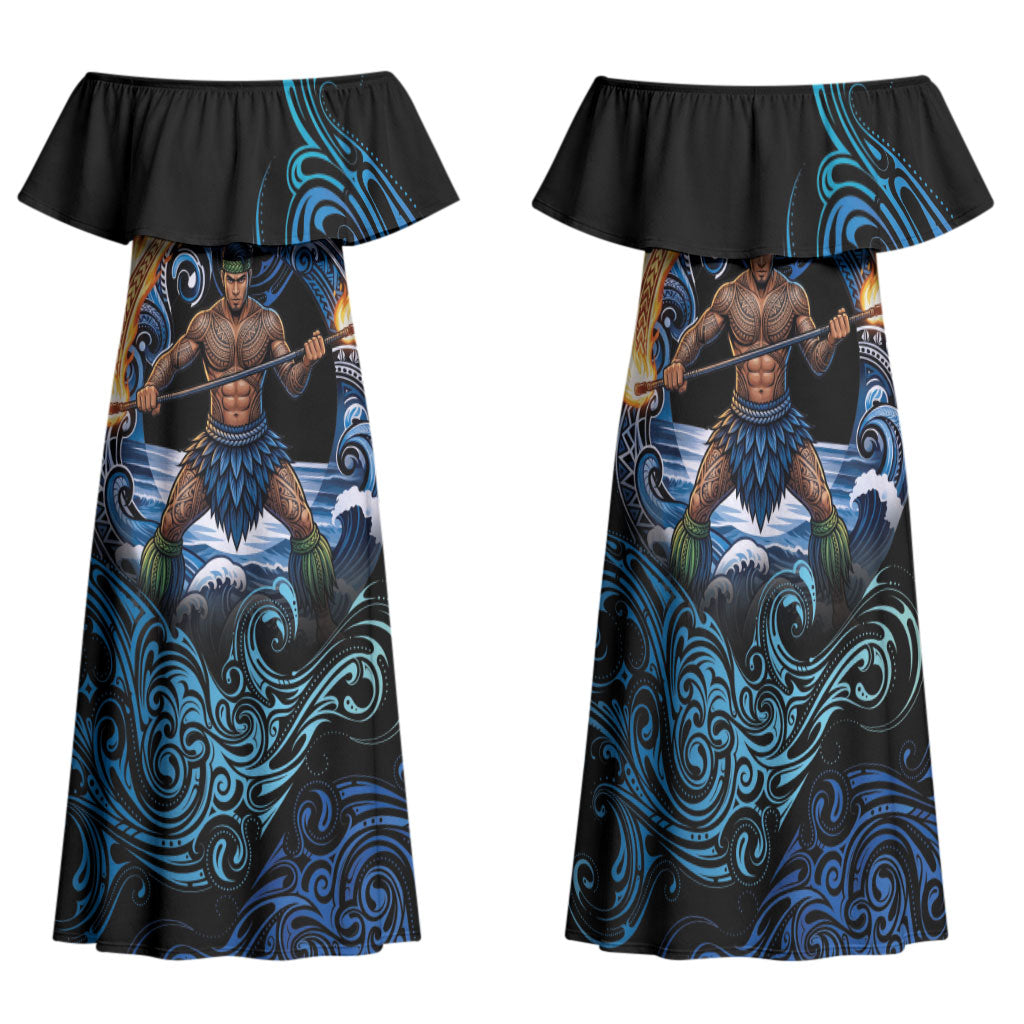Samoa Siva Afi Family Matching Off Shoulder Maxi Dress and Hawaiian Shirt Fireknife Fire Dance Pacific Tribal Motif LT9 Mom's Dress Blue - Polynesian Pride