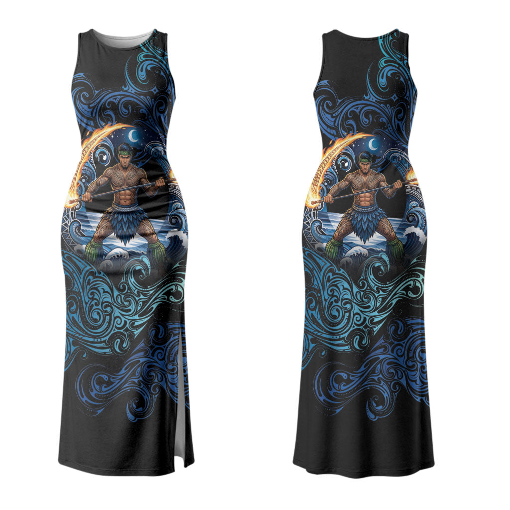 Samoa Siva Afi Family Matching Tank Maxi Dress and Hawaiian Shirt Fireknife Fire Dance Pacific Tribal Motif LT9 Mom's Dress Blue - Polynesian Pride