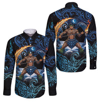 Samoa Siva Afi Family Matching Tank Maxi Dress and Hawaiian Shirt Fireknife Fire Dance Pacific Tribal Motif LT9 Dad's Shirt - Long Sleeve Blue - Polynesian Pride