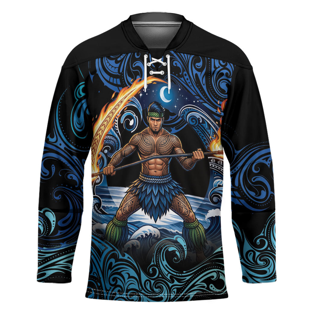 Samoa Siva Afi Hockey Jersey Fireknife Fire Dance Pacific Tribal Motif LT9 Unisex Blue - Polynesian Pride