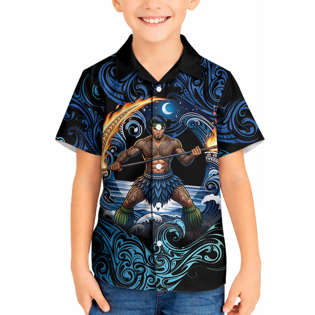 Samoa Siva Afi Kid Hawaiian Shirt Fireknife Fire Dance Pacific Tribal Motif LT9 Kid Blue - Polynesian Pride