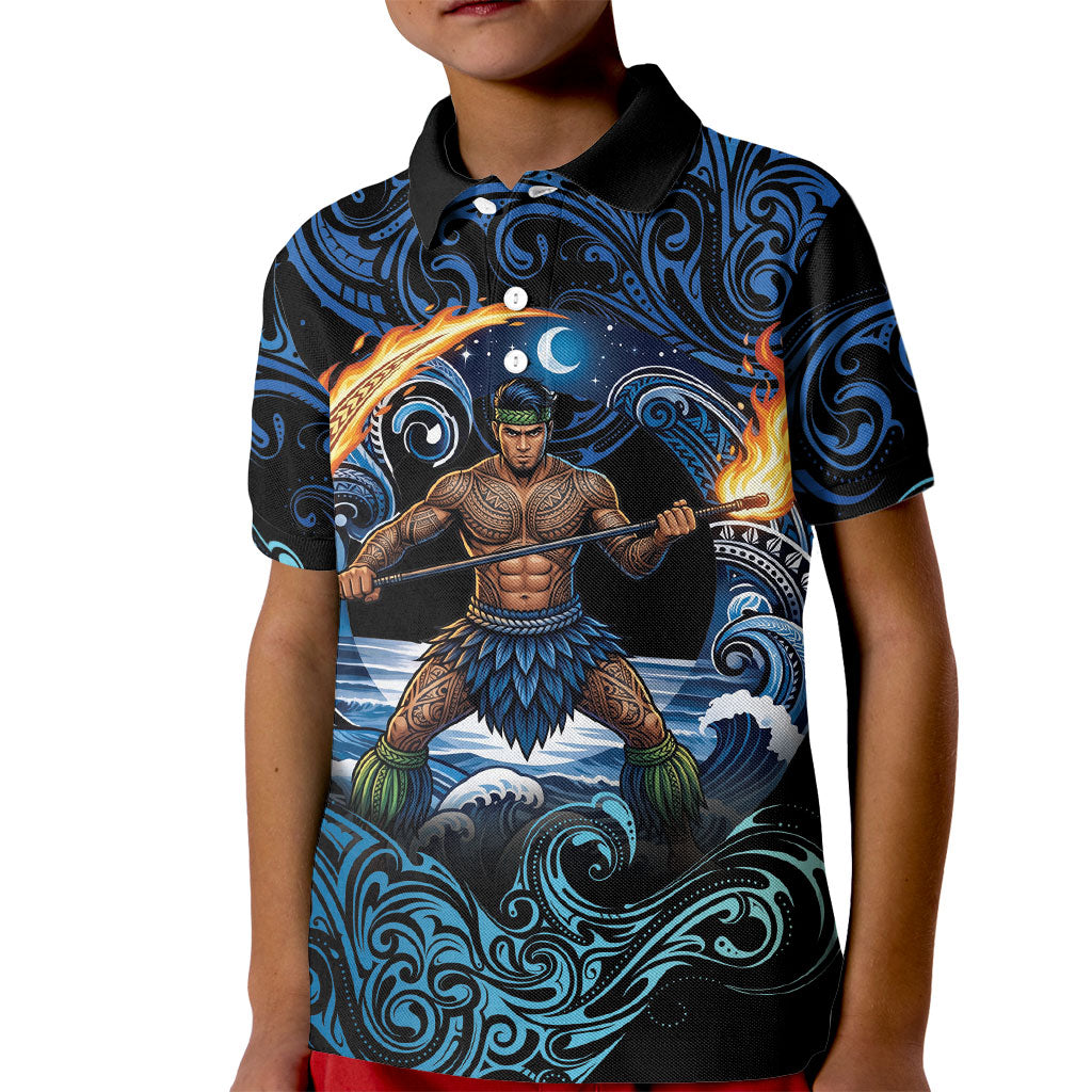 Samoa Siva Afi Kid Polo Shirt Fireknife Fire Dance Pacific Tribal Motif LT9 Kid Blue - Polynesian Pride