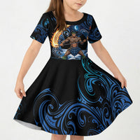 Samoa Siva Afi Kid Short Sleeve Dress Fireknife Fire Dance Pacific Tribal Motif LT9 KID Blue - Polynesian Pride
