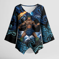 Samoa Siva Afi Kimono Sleeve Blouse Fireknife Fire Dance Pacific Tribal Motif LT9 Female Blue - Polynesian Pride