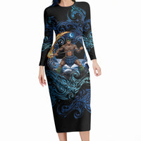 Samoa Siva Afi Long Sleeve Bodycon Dress Fireknife Fire Dance Pacific Tribal Motif LT9 Long Dress Blue - Polynesian Pride