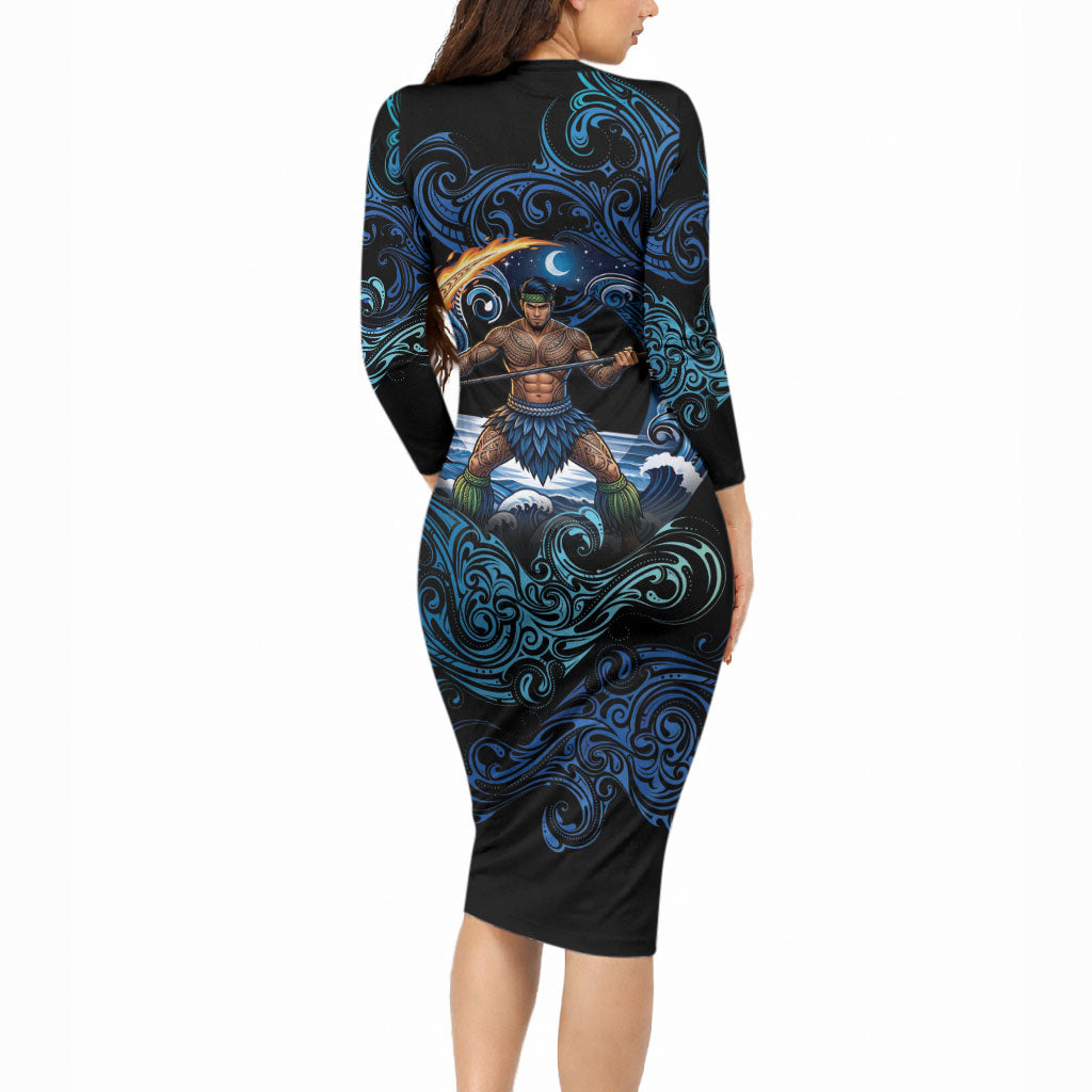 Samoa Siva Afi Long Sleeve Bodycon Dress Fireknife Fire Dance Pacific Tribal Motif LT9 - Polynesian Pride