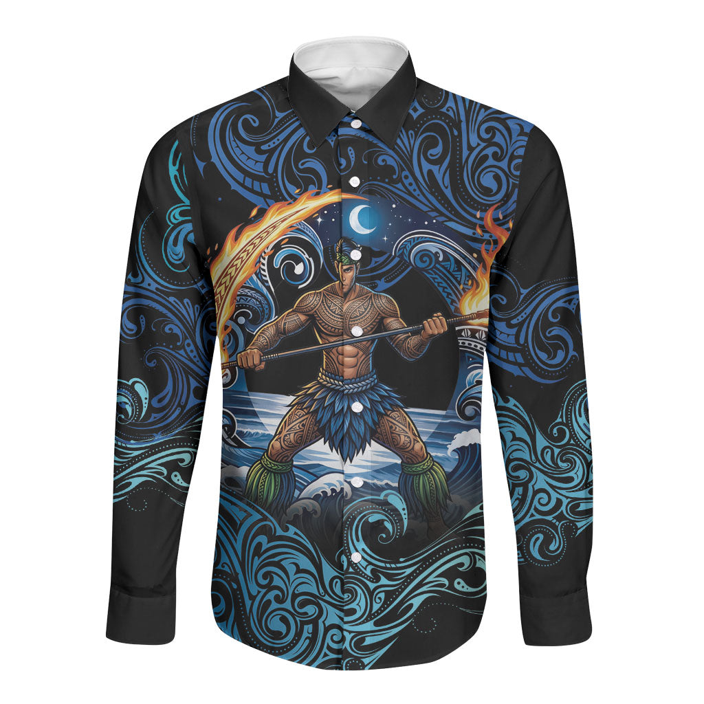 Samoa Siva Afi Long Sleeve Button Shirt Fireknife Fire Dance Pacific Tribal Motif LT9 Unisex Blue - Polynesian Pride