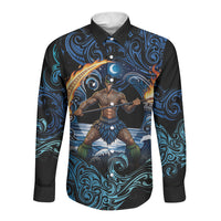Samoa Siva Afi Long Sleeve Button Shirt Fireknife Fire Dance Pacific Tribal Motif LT9 Unisex Blue - Polynesian Pride