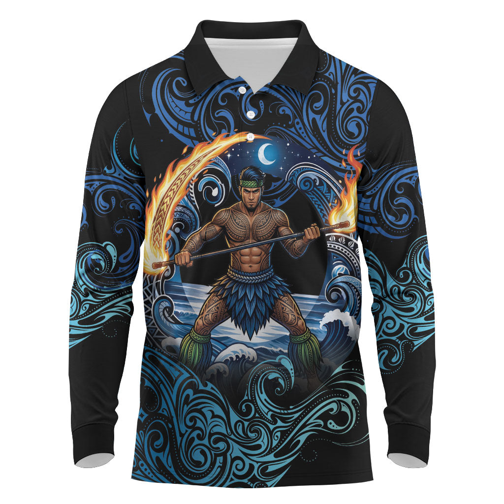 Samoa Siva Afi Long Sleeve Polo Shirt Fireknife Fire Dance Pacific Tribal Motif LT9 Blue - Polynesian Pride