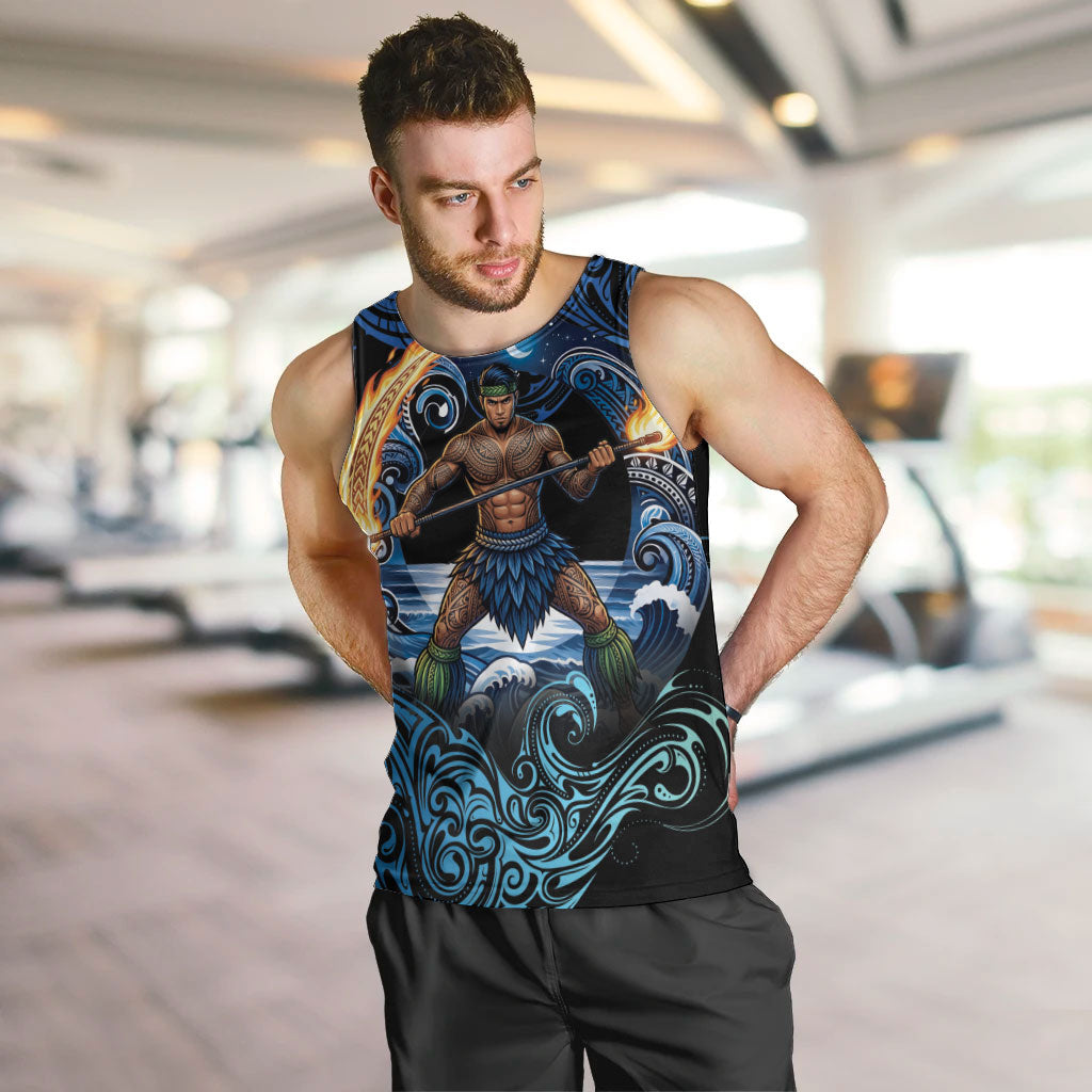 Samoa Siva Afi Men Tank Top Fireknife Fire Dance Pacific Tribal Motif LT9 Blue - Polynesian Pride