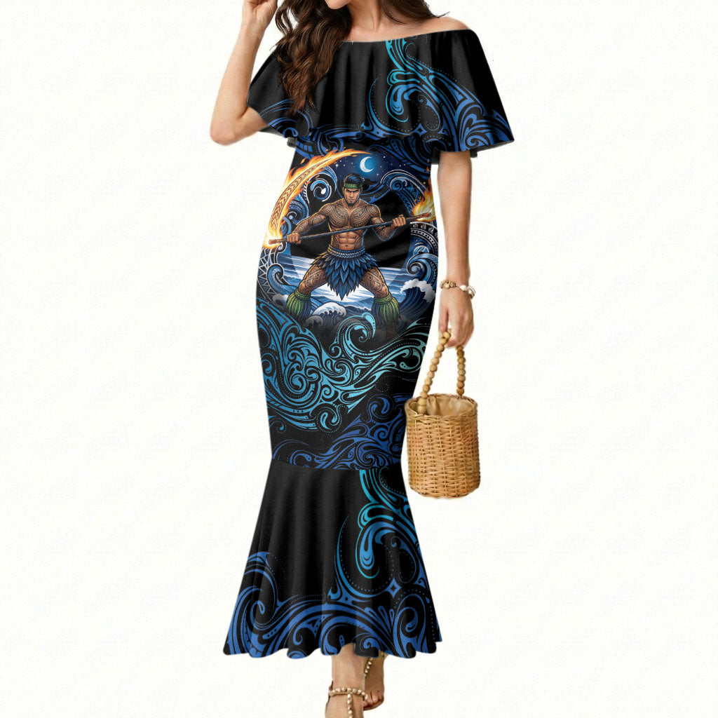 Samoa Siva Afi Mermaid Dress Fireknife Fire Dance Pacific Tribal Motif LT9 Women Blue - Polynesian Pride
