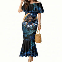 Samoa Siva Afi Mermaid Dress Fireknife Fire Dance Pacific Tribal Motif LT9 Women Blue - Polynesian Pride