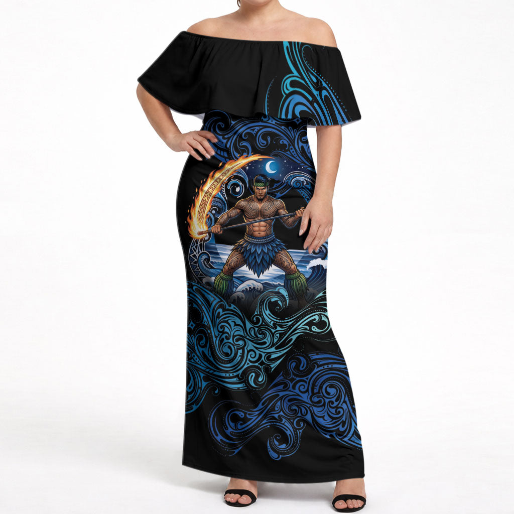Samoa Siva Afi Off Shoulder Maxi Dress Fireknife Fire Dance Pacific Tribal Motif LT9 Women Blue - Polynesian Pride