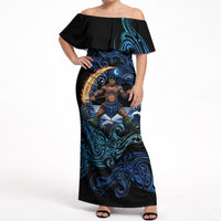 Samoa Siva Afi Off Shoulder Maxi Dress Fireknife Fire Dance Pacific Tribal Motif LT9 Women Blue - Polynesian Pride