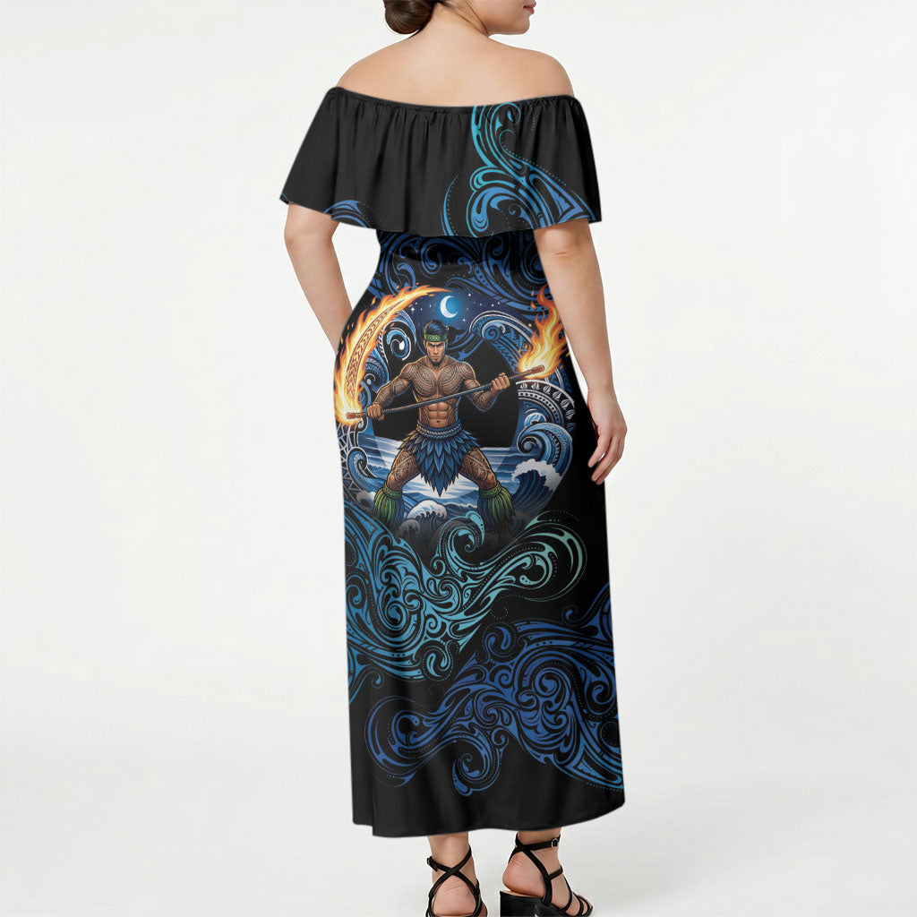 Samoa Siva Afi Off Shoulder Maxi Dress Fireknife Fire Dance Pacific Tribal Motif LT9 - Polynesian Pride