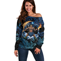 Samoa Siva Afi Off Shoulder Sweater Fireknife Fire Dance Pacific Tribal Motif LT9 Women Blue - Polynesian Pride