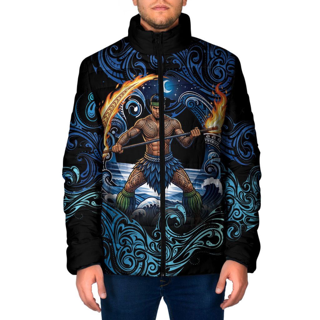 Samoa Siva Afi Padded Jacket Fireknife Fire Dance Pacific Tribal Motif LT9 Men Blue - Polynesian Pride